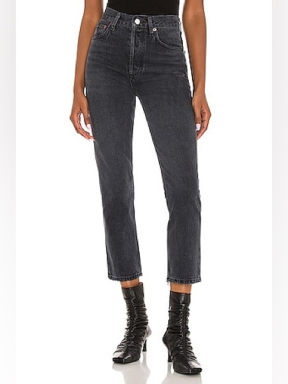 Agolde Riley Black Cropped High Rise Straight Jeans